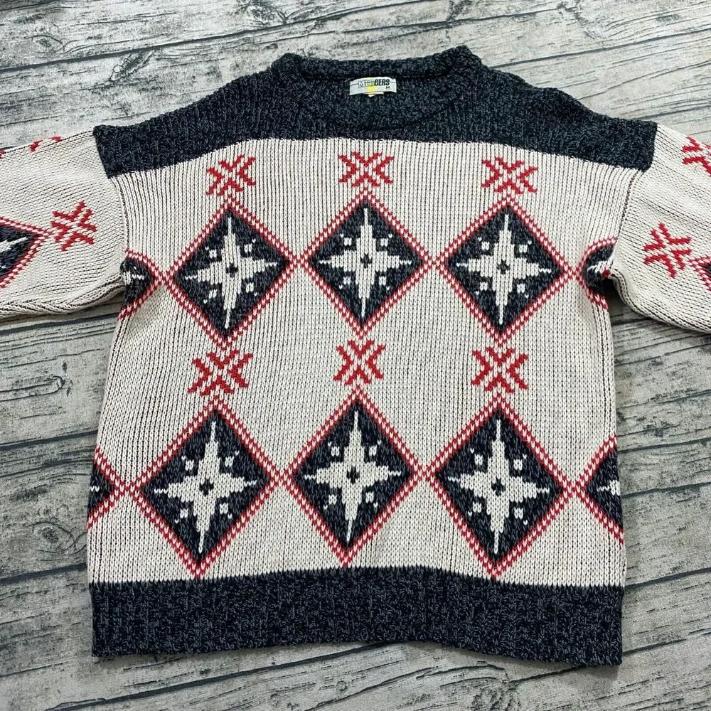 Mergers Vtg 80s Imported Fabric Argyle Star Snowflake Pattern Knit Sweater Retro